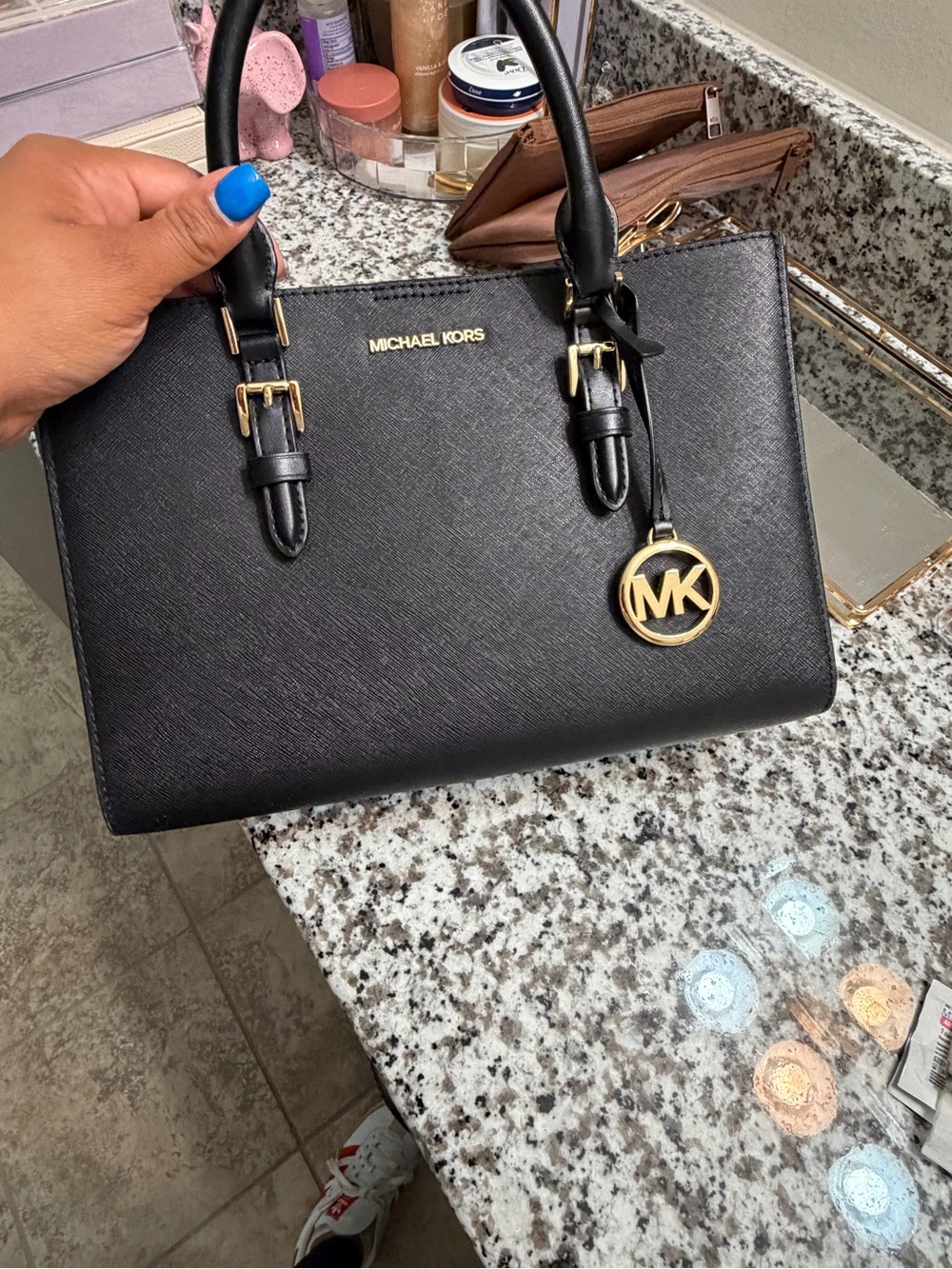 Michael Kors Black Leather Satchel with Gold MK Charm